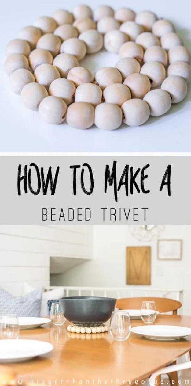 Wood bead trivet strung in a West Elm inspired pattern, a chic functional bead craft for the kitchen table