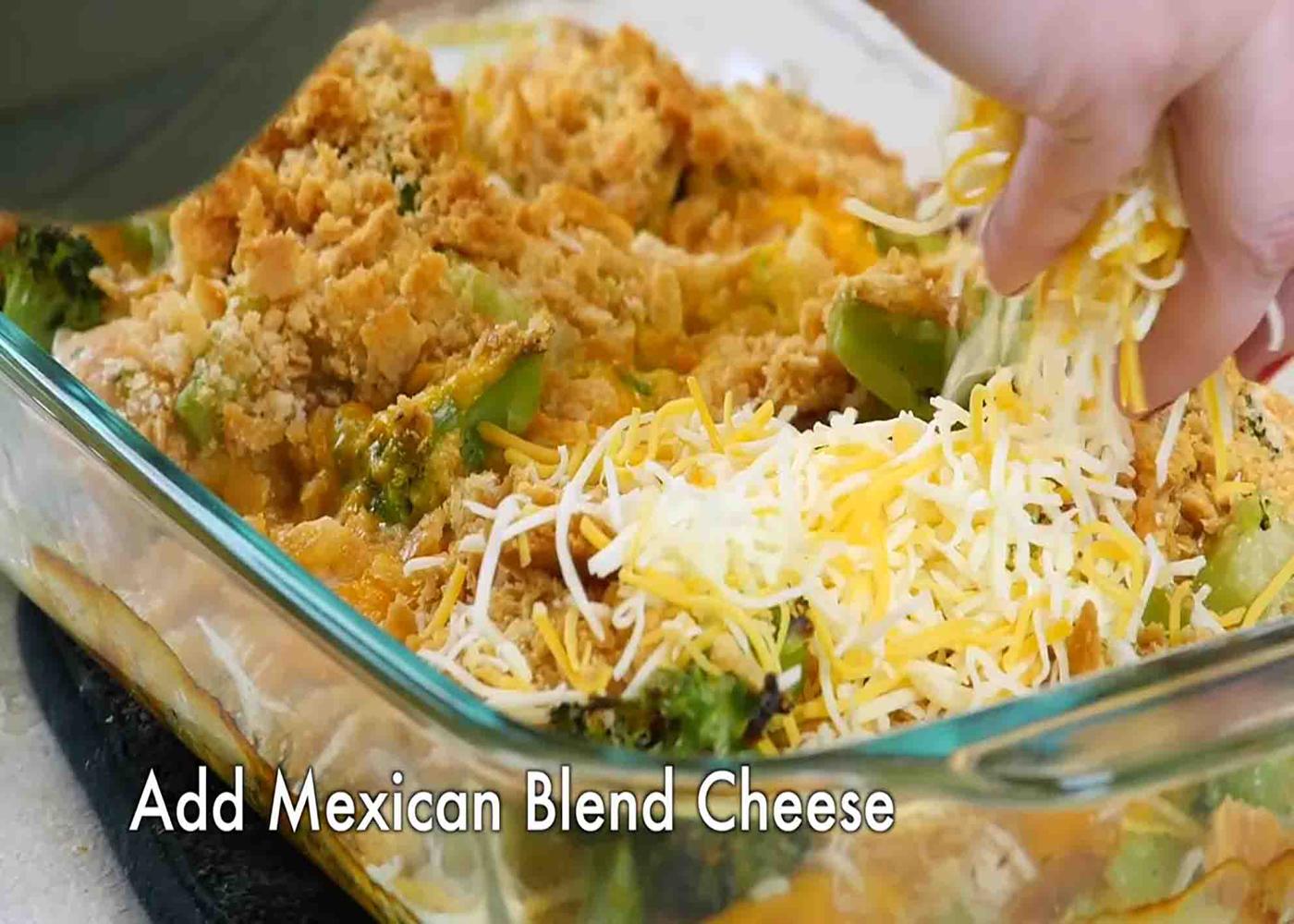 Assembling the cheesy chicken casserole