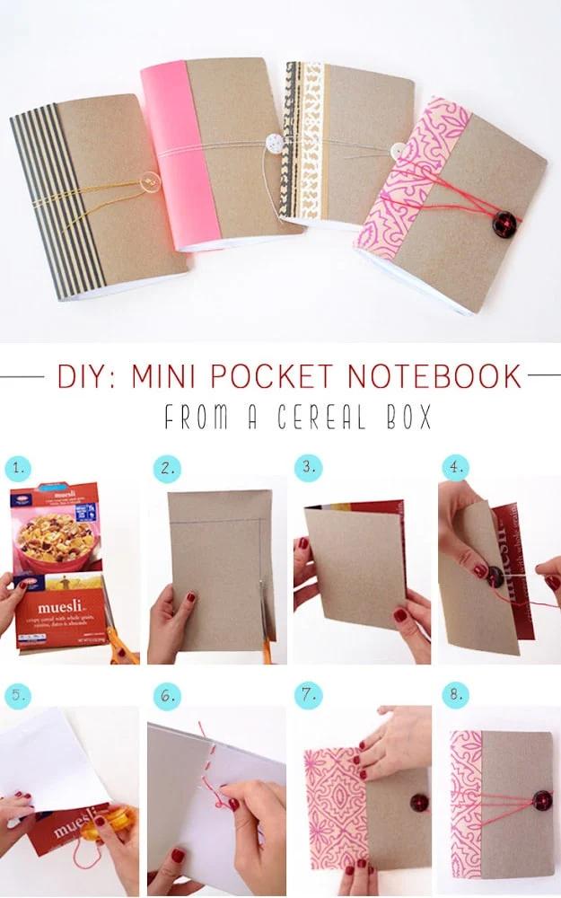 DIY crafts to make and sell: mini pocket notebook made from recycled cardboard and scrap paper for stocking stuffers