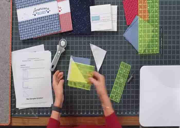 Making the half square triangles for the star spangled quilt