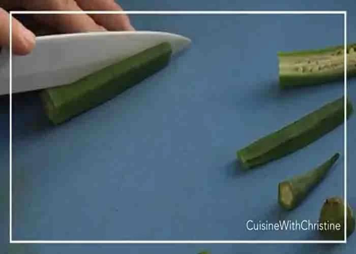 Cutting the okras horizontally
