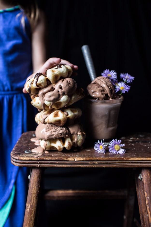 Waffled ice cream sandwiches, chocolate ice cream packed between two cookie dough stuffed brioche waffles