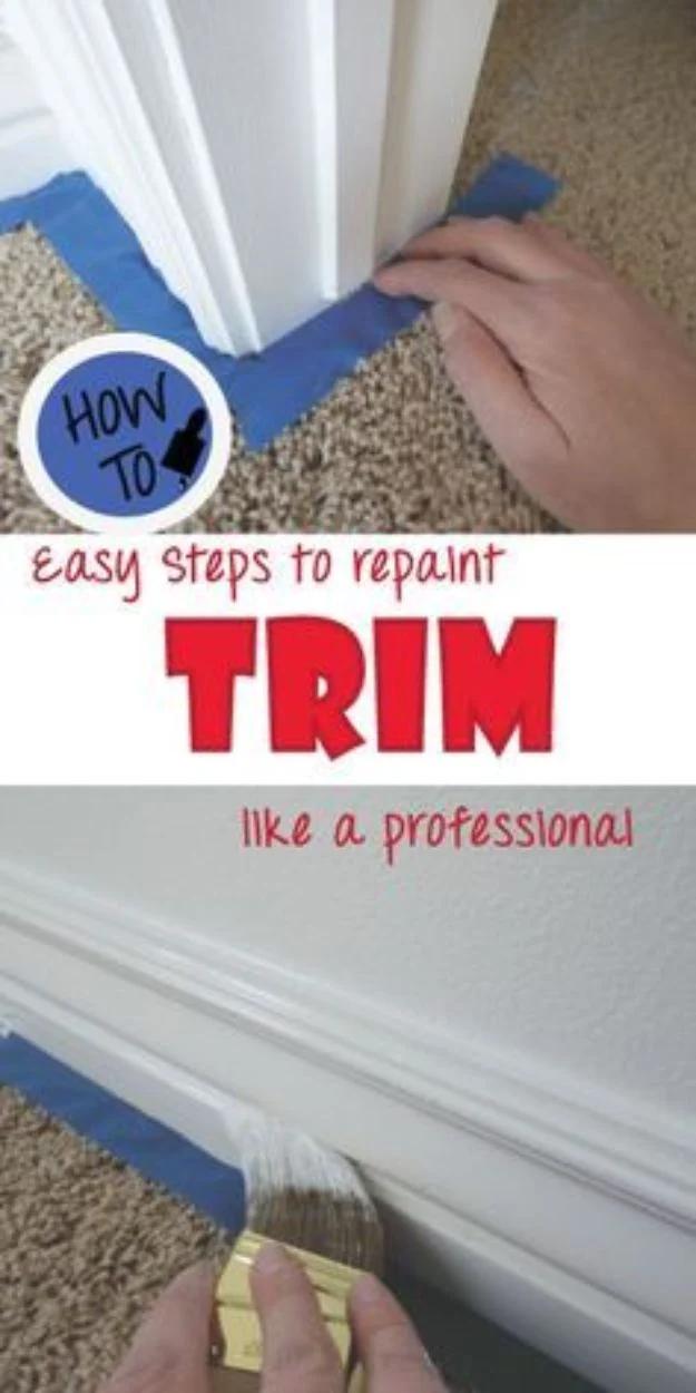 Painting hack for baseboards over carpet, blue tape tucked into carpet along white trim and a brush painting it