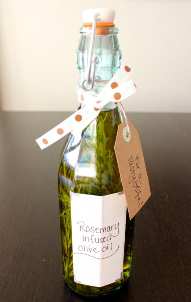 Olive oil infused with rosemary for a simple homemade new home gift that makes a genuinely thoughtful handmade gift idea