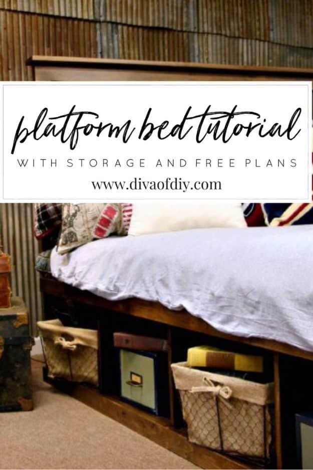 Typeset graphic reading platform bed tutorial with storage and free plans over a photograph of a wood storage bed