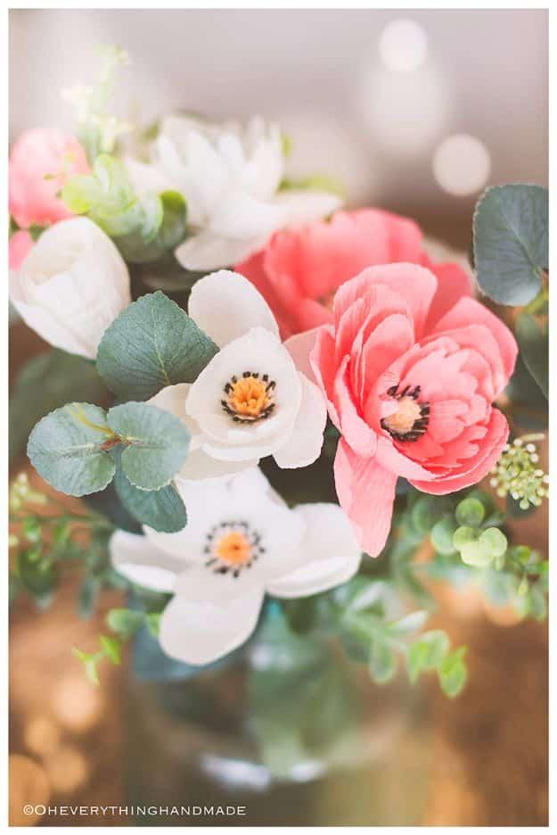 Crepe paper wildflower, coral and white crepe paper wildflowers with eucalyptus leaves in a glass vase