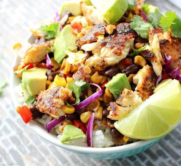 Blackened tilapia taco bowls with corn and black bean salsa and avocado crema, a healthy 30 minute dinner