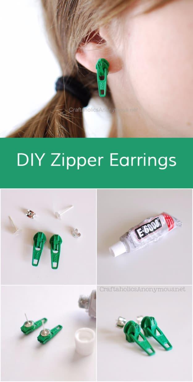 Green zipper pull stud earrings worn in an ear, shown with the posts, backs and a tube of E6000 glue in step photos