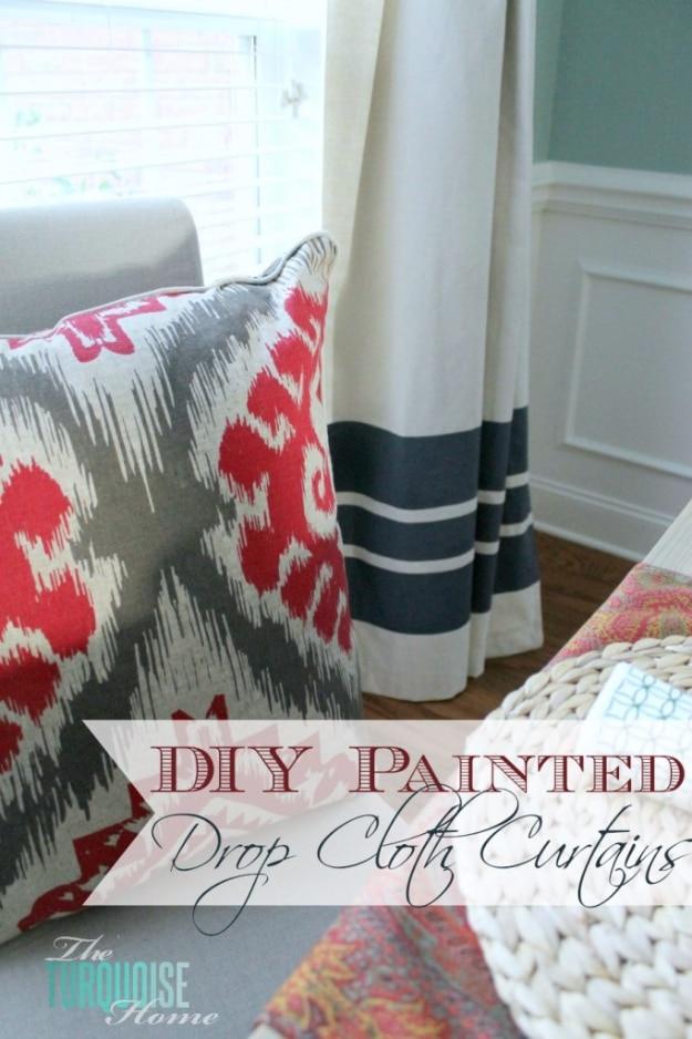 Typeset pin graphic reading DIY Painted Drop Cloth Curtains over a cream canvas panel with navy stripes at the hem