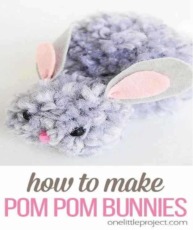 Gray yarn pom pom bunny with pink and gray felt ears and a small pink nose, under a typeset How to Make Pom Pom Bunnies title