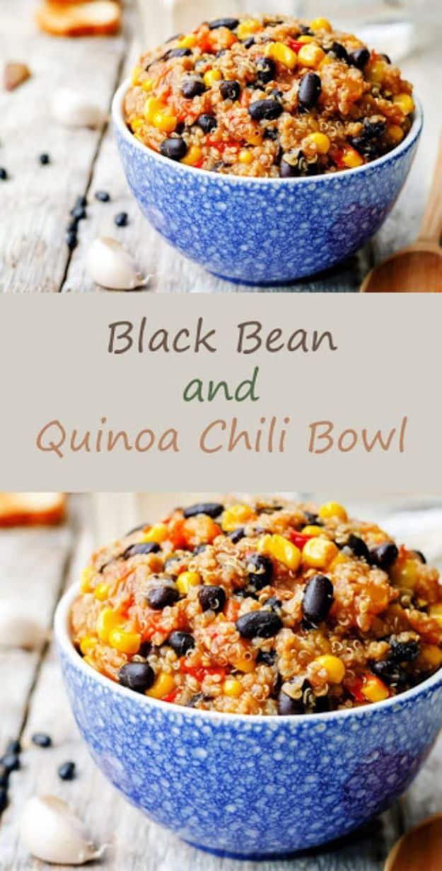 Black bean and quinoa chili bowl with corn, fire roasted tomatoes and red bell pepper in a deep bowl