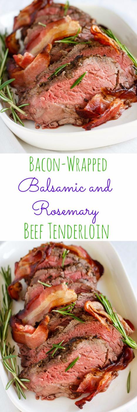 Bacon wrapped balsamic and rosemary beef tenderloin, sliced pink beef wrapped in bacon with fresh rosemary