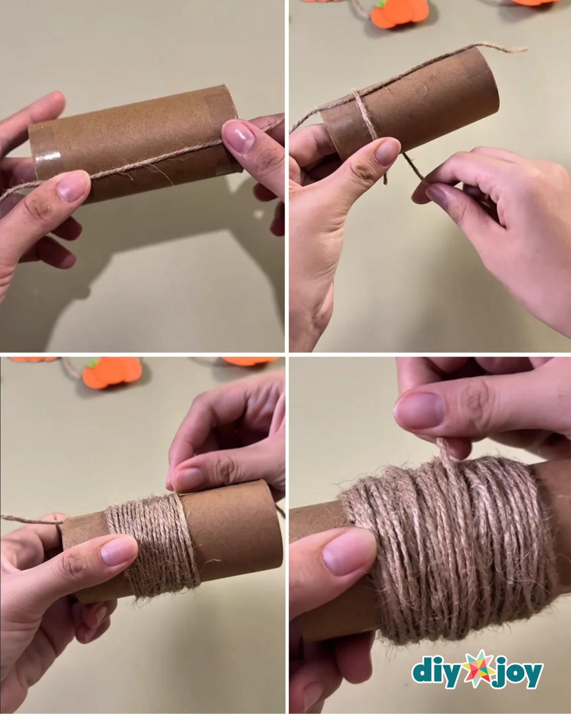 Step 1 of the twine pumpkin tutorial - wrapping twine around a toilet paper roll tube to start this easy fall craft.