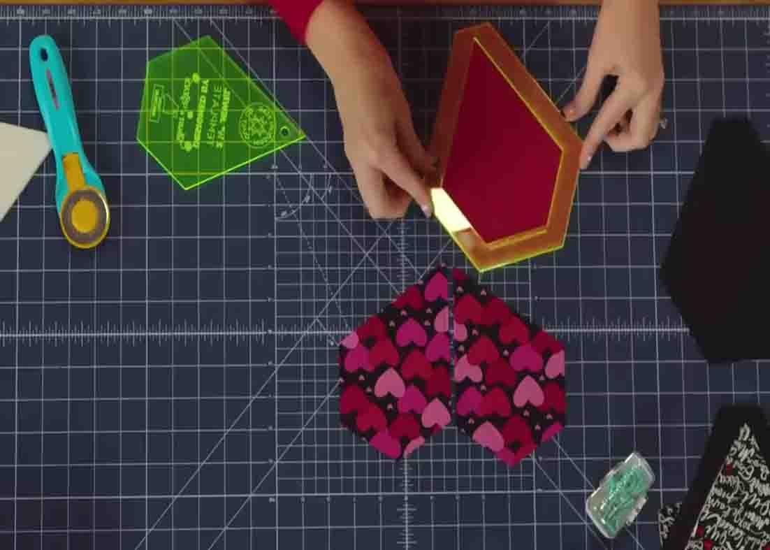 Cutting the patterns for the heart mug rug quilt