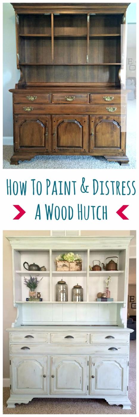 Paint and distress a wood hutch, a dark oak hutch beside the same piece in soft gray green with distressed edges