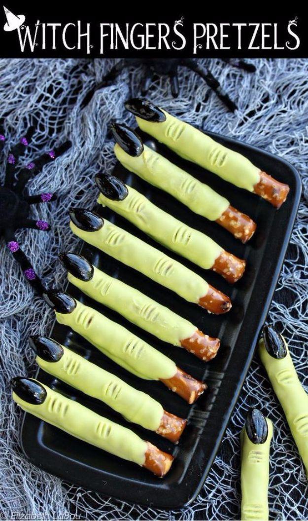 Party recipe idea with simple make-ahead option and dessert-table favorite, showing the finished witch finger pretzel rods