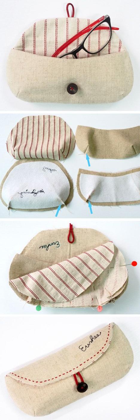 Natural linen eyeglass case with red ticking lining and a dark button, shown finished and in three assembly steps