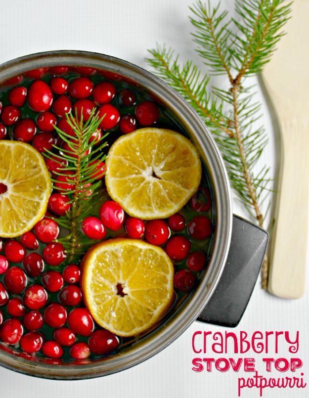Wide pan of cranberries, lemon slices and pine sprigs simmering, with a cranberry stove top potpourri label
