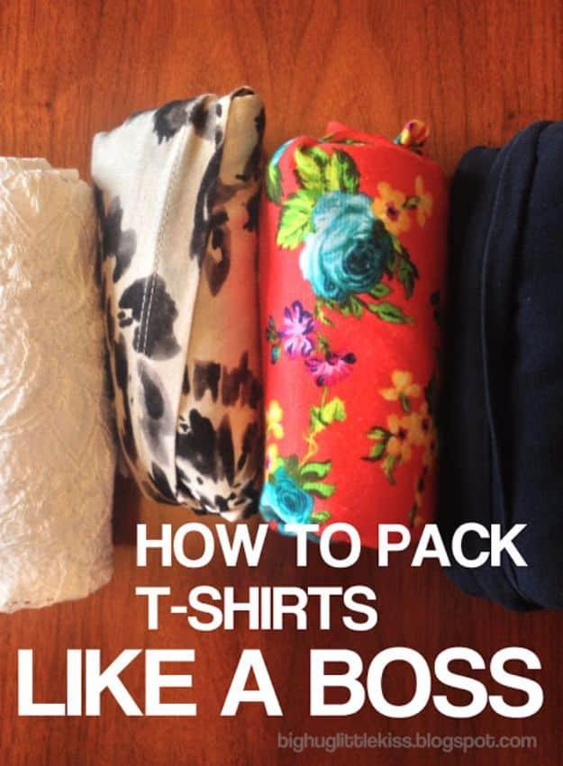 Packing Tips for Travel - How to Pack T-shirts - Easy Ideas for Packing a Suitcase To Maximize Space - Tricks and Hacks for Folding Clothes, Storing Toiletries, Shampoo and Makeup