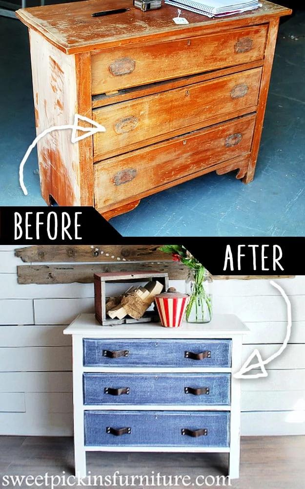 Antique Dresser with Denim Treatment, one of the best furniture makeover ideas on this list and one worth pinning for later