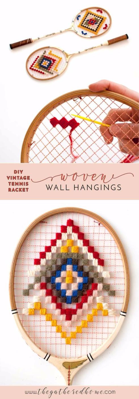 DIY Vintage Tennis Racket Wall Hangings, a cozy DIY yarn idea to try at home and a simple craft using basic supplies on hand