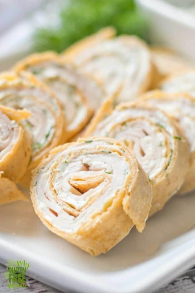 Turkey and dill gluten free pinwheel appetizers sliced and arranged on a plate, an easy no cook party food