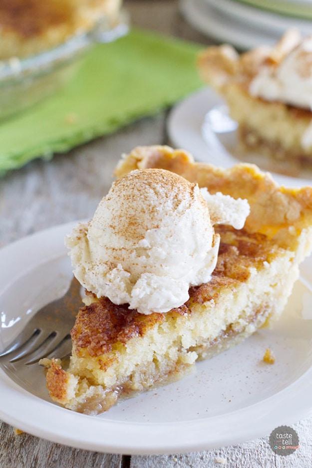 Snickerdoodle pie with a soft cinnamon cookie center and cinnamon caramel sauce in a golden flaky pie crust