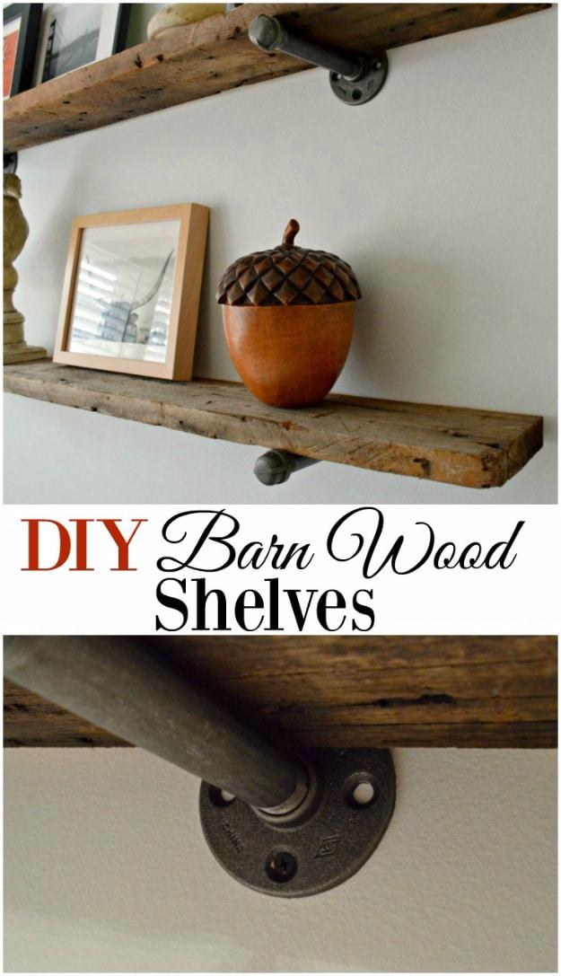 DIY Barn Wood Shelves, cheap to pull off with items from a bargain aisle and the kind of upgrade neighbors notice right away