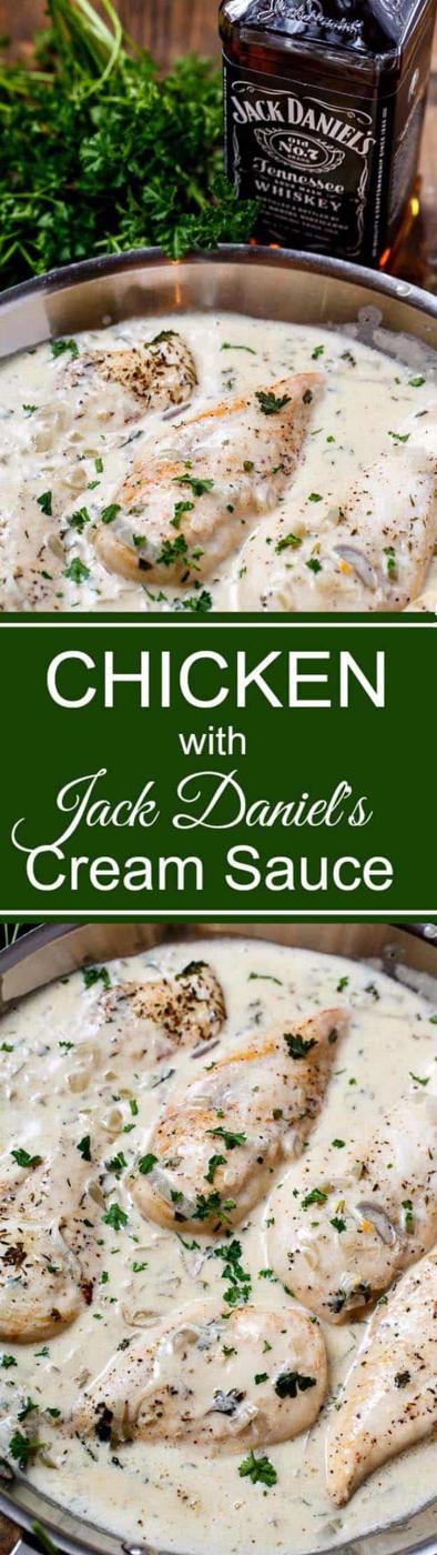 Chicken in Jack Daniels cream sauce, seared chicken breasts in a pale parsley flecked sauce in a skillet