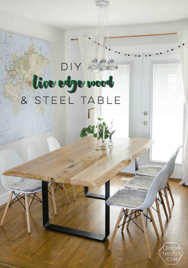 Long live edge cedar dining table with black flat bar steel legs, white molded chairs, world map and bulb pendant
