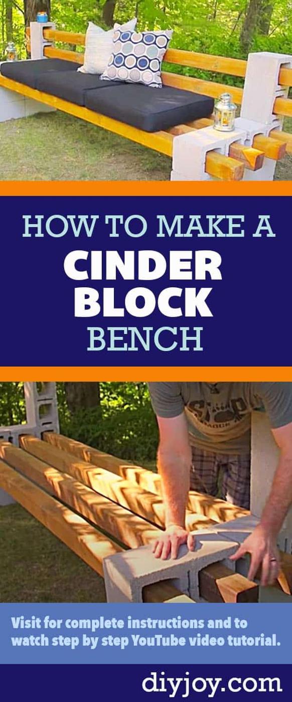 Cheap DIY Ideas for the Backyard - DYI How to Make a Cinder Block Bench - Inexpensive Home Improvement Ideas for the Outdoors and Yard, Patio, Porch - step by Step YouTube Tutorial