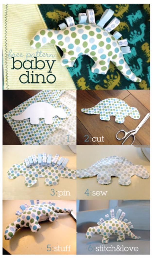 Stuffed spotted dinosaur toy with ribbon tags along its back, above a six panel cut sew and stuff step grid