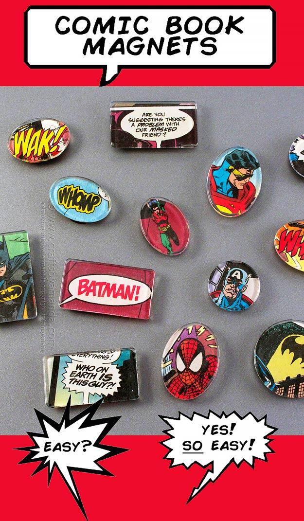Comic book magnets made from glass cabochons and old comic pages, a nostalgic desk craft to sell in custom character sets