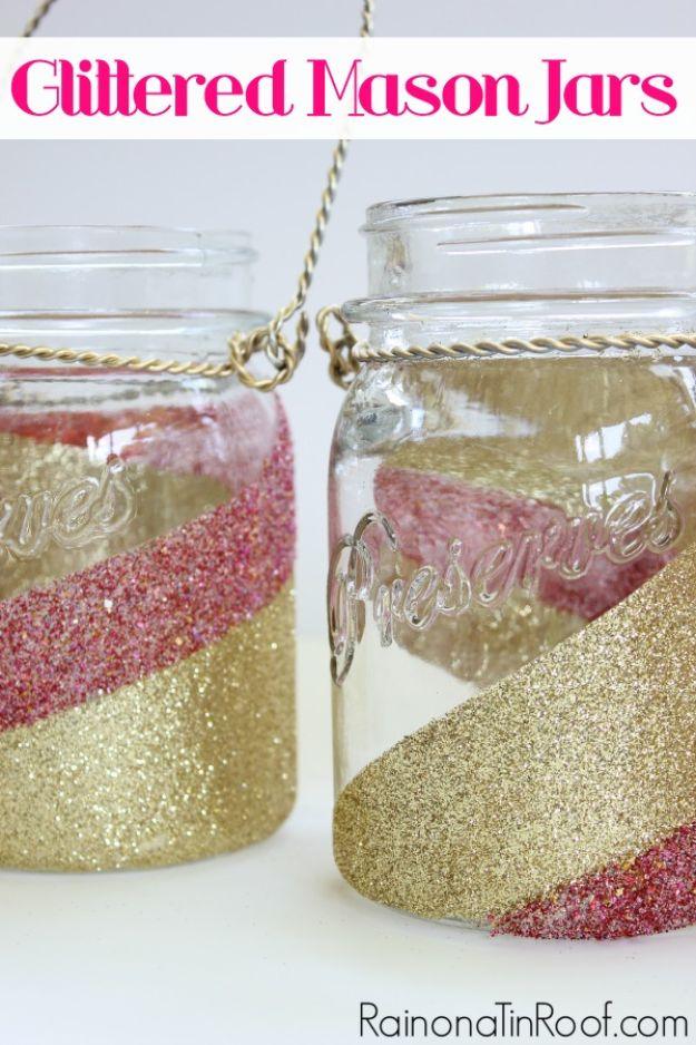 Mason jar coated in glitter for a sparkly candle holder or bud vase that makes a genuinely thoughtful handmade gift idea