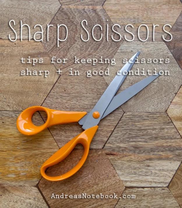Pin graphic reading Sharp Scissors above orange handled fabric shears on a hexagon patterned wood floor