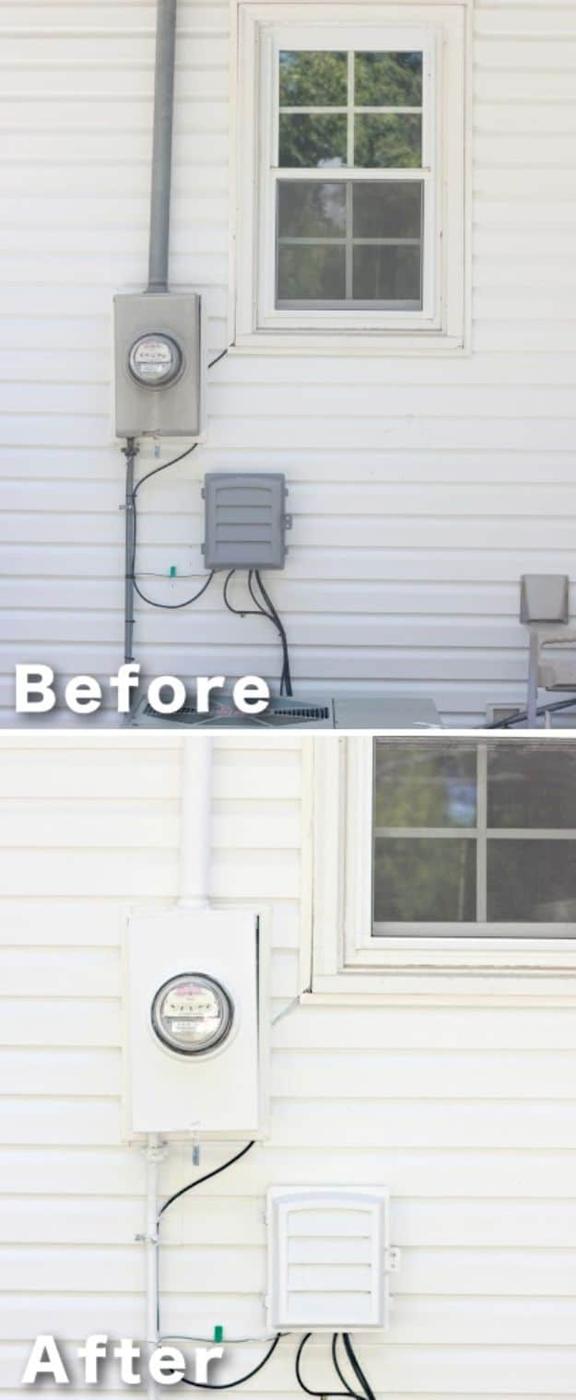 Before and after of an exterior electricity meter and utility box painted white to blend into white vinyl house siding