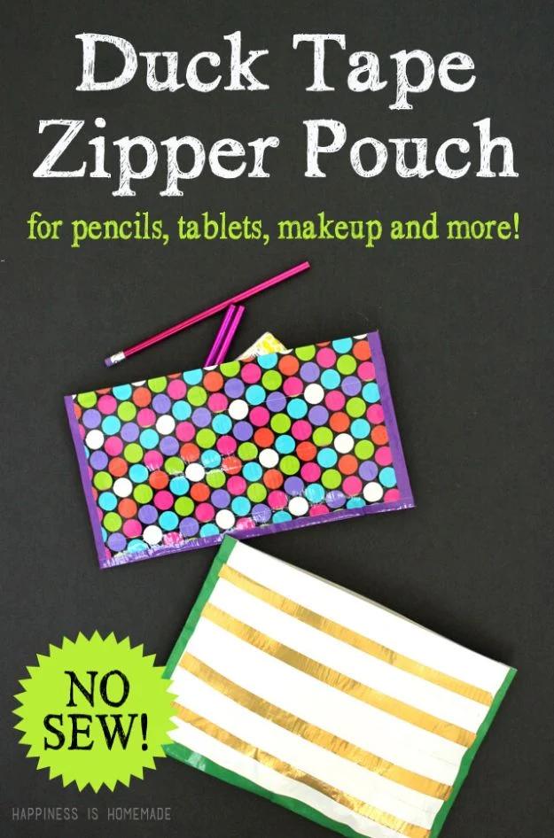 Two no sew duck tape zipper pouches, one in bright polka dots and one in gold and white stripes, with a pencil beside them