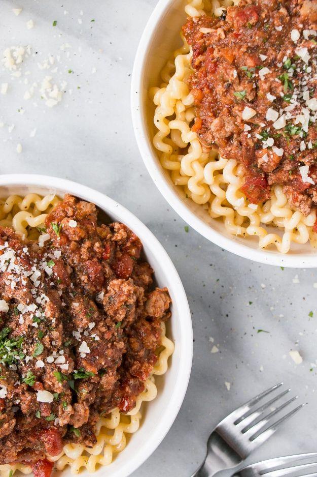 Weekday ragu with ground beef, Italian sausage and finely processed vegetables served over wide noodles