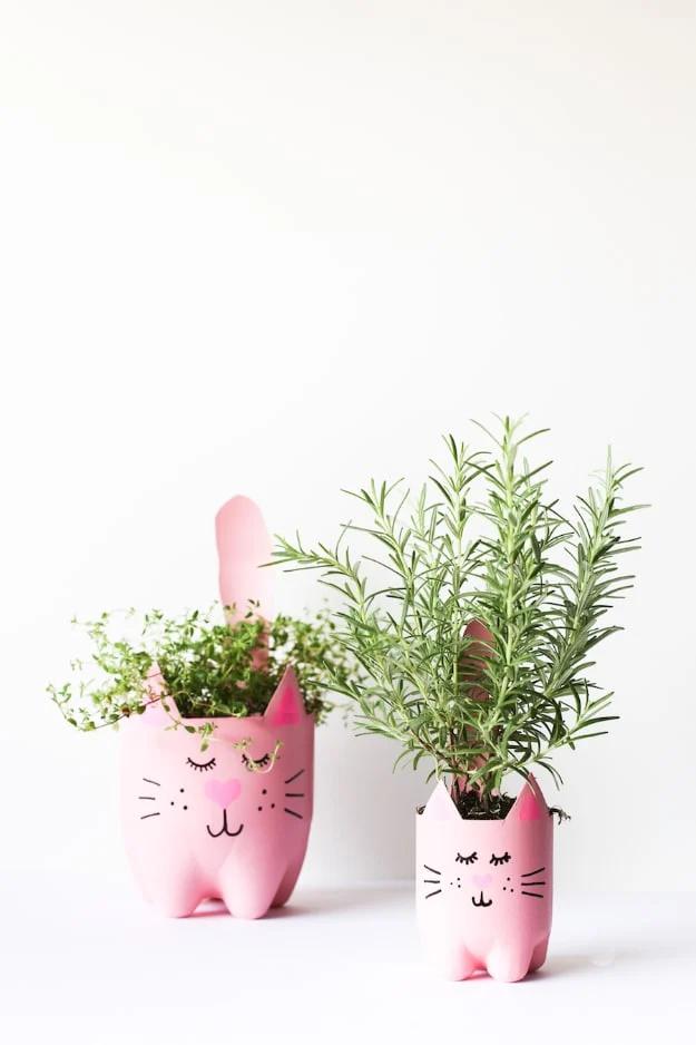 DIY soda bottle kitty cat planters, two pink cut soda bottles painted as cats with ears and tails holding rosemary and herbs