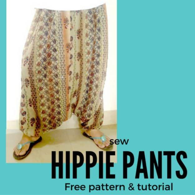 Cream and brown printed harem style hippie pants worn with sandals, beside a typeset teal title panel