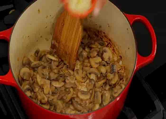 Sauteing the mushroom for the chicken tetrazzini sauce