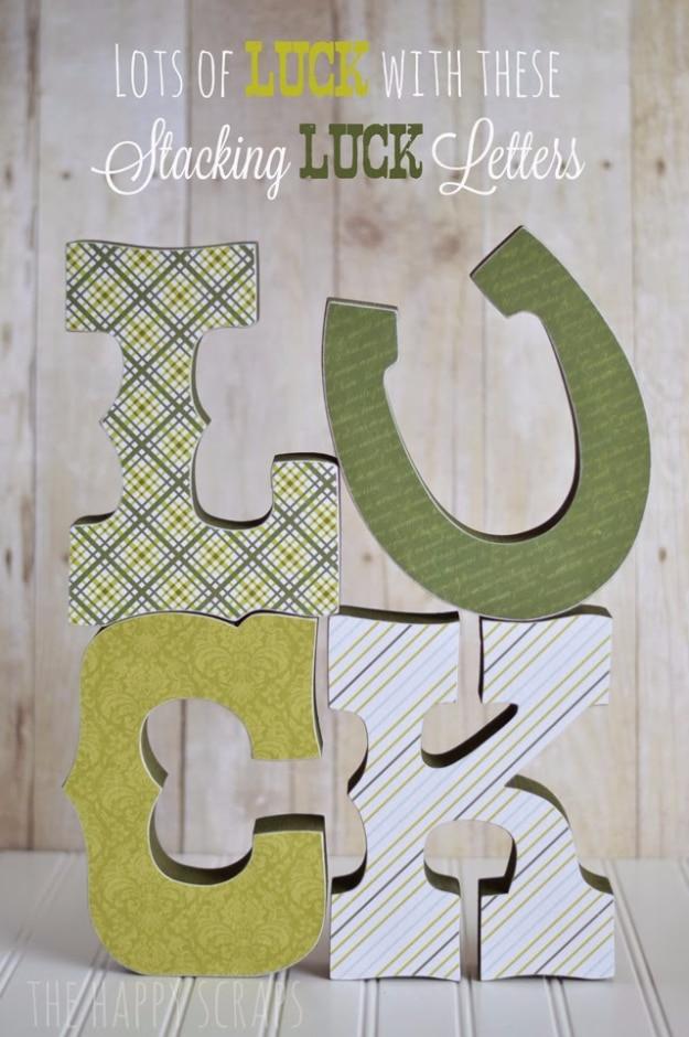 DIY St Patricks Day Ideas - Stacked Luck Letters - Food and Best Recipes, Decorations and Home Decor, Party Ideas - Cupcakes, Drinks, Festive St Patrick Day Parties With these Easy
