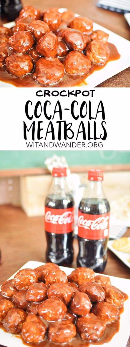 Crockpot Coca-Cola Meatballs title overlay above glossy sauced meatballs on a white plate with Coke bottles
