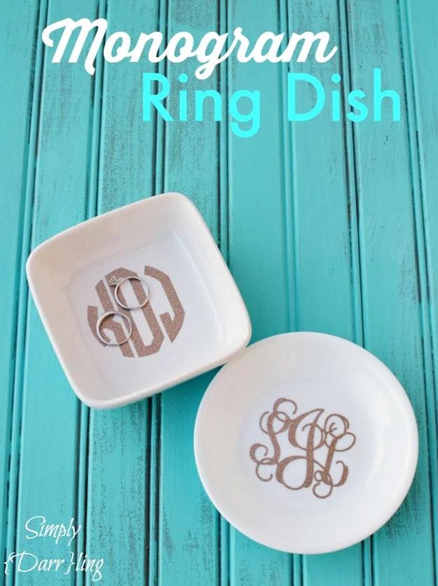 DIY Monogram Wedding Ring Dish, doable in a single sitting with basic tools and a detail guests always ask about