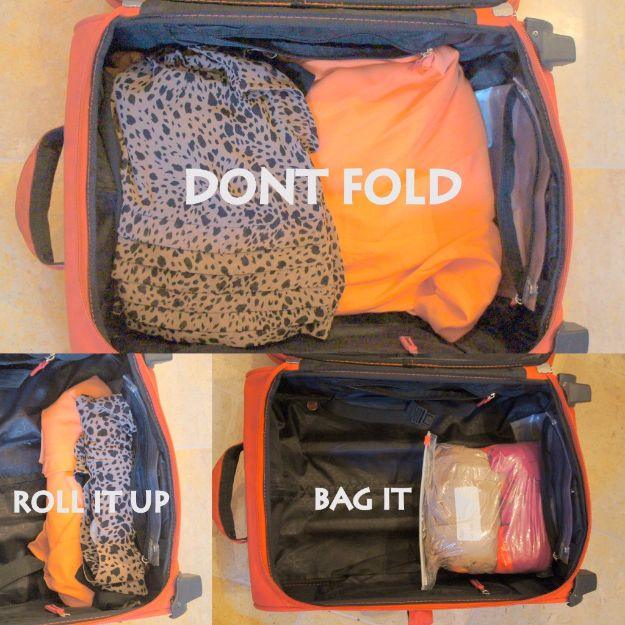 Packing Tips for Travel - Roll It Up - Easy Ideas for Packing a Suitcase To Maximize Space - Tricks and Hacks for Folding Clothes, Storing Toiletries, Shampoo and Makeup - Keep Clo