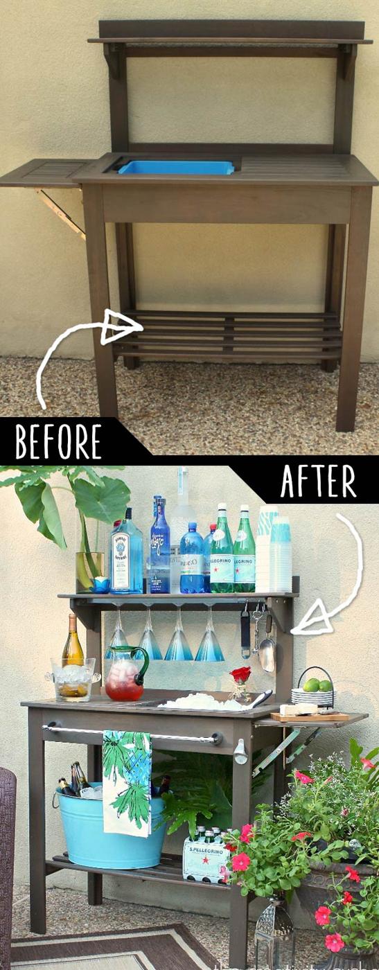 Before and after collage of a plain gray potting bench with a sink above the same bench styled as an outdoor bar with bottles