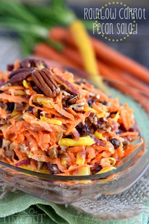 Rainbow carrot pecan salad with pineapple and raisins in a serving bowl, an easy five minute healthy side