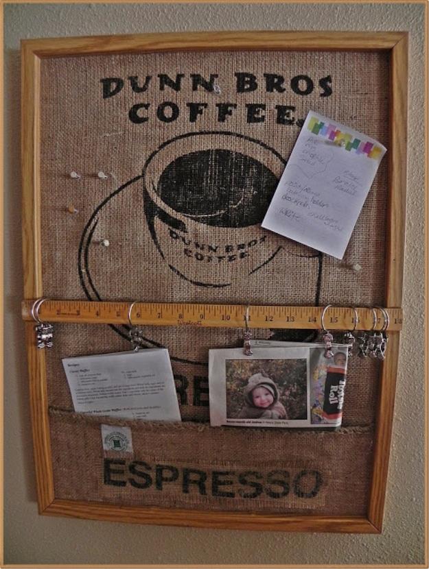 Coffee Bag Bulletin Board, a simple upcycle project for a beginner crafter and a favorite pick from this roundup