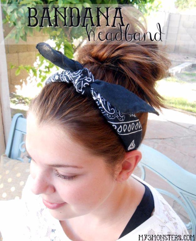 Easy bandana headband craft, a black paisley bandana knotted at the top over an updo, shown outdoors