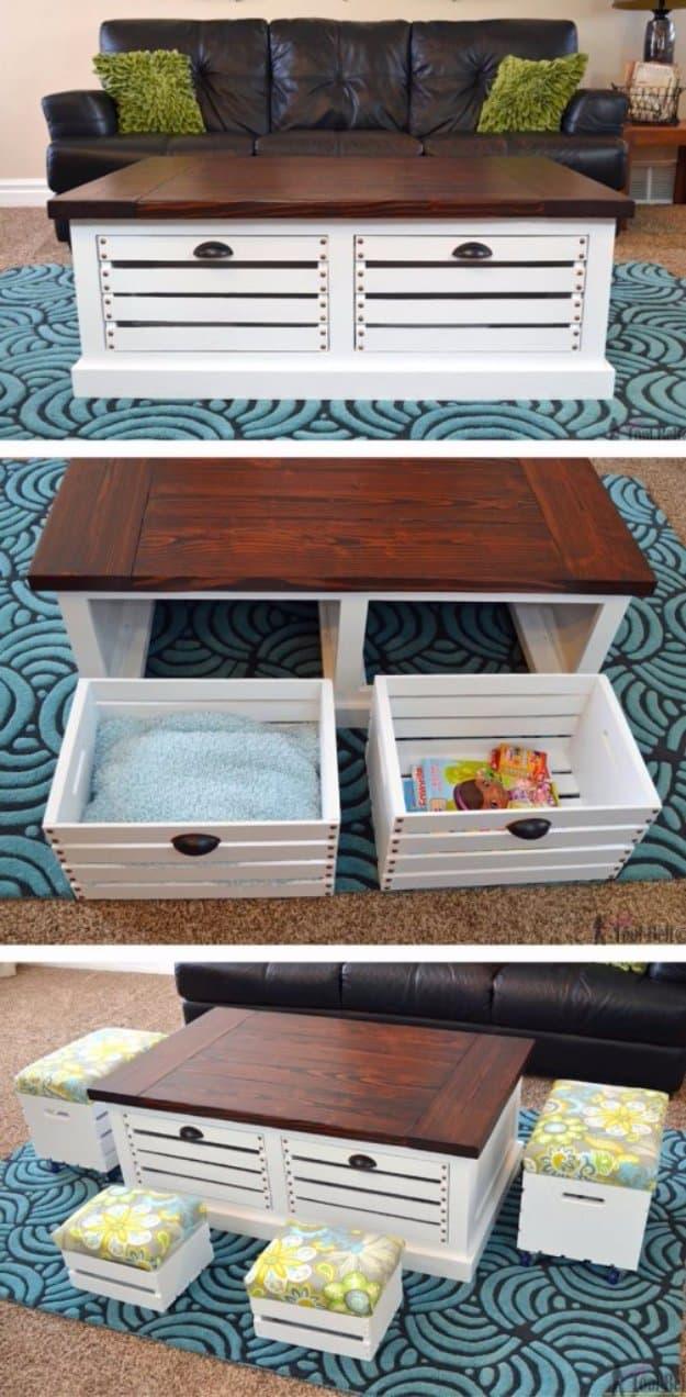 Crate Storage Coffee Table and Stools, one of the smartest storage ideas on this list and a favorite pick from this roundup
